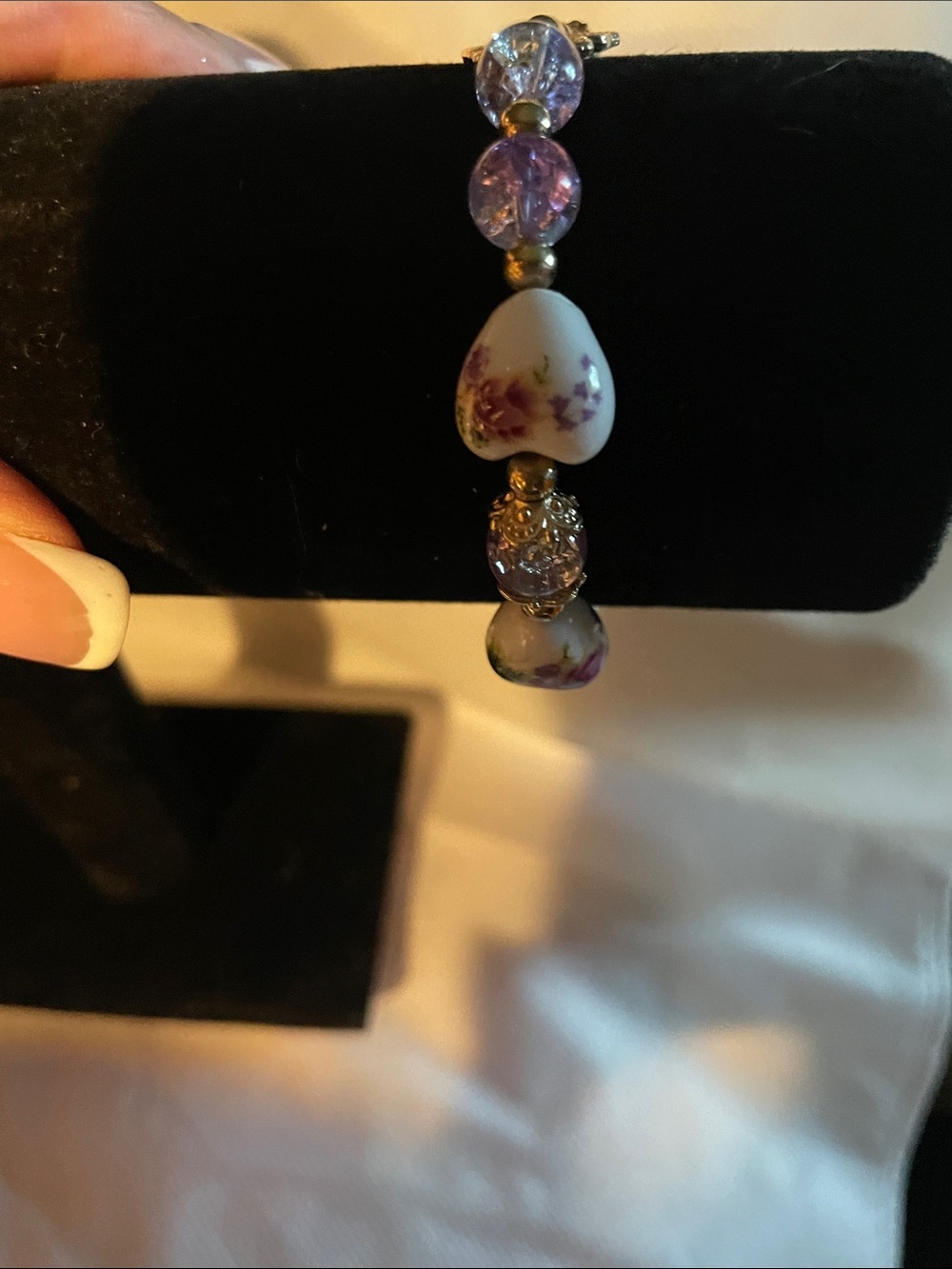 Purple Floral Bead Bracelet with Gold Accents
